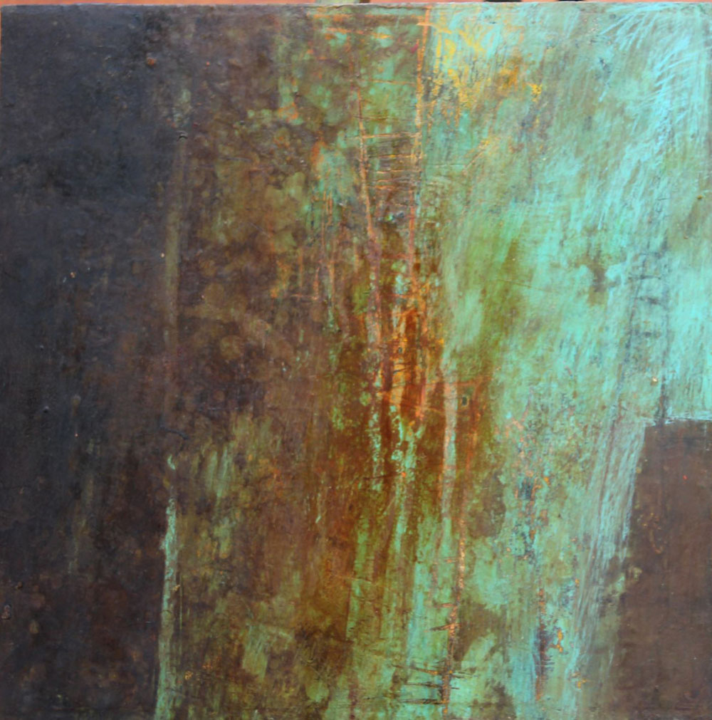 Patina 3 | Kym Barrett | Oils and cold wax medium on board | 32 x 32 cm framed in oak | $590