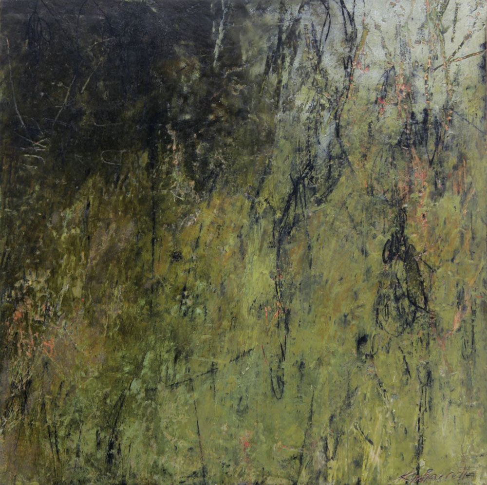 Refuge V | Kym Barrett | Oils and cold wax medium on board | 32 x 32 cm framed in oak | SOLD