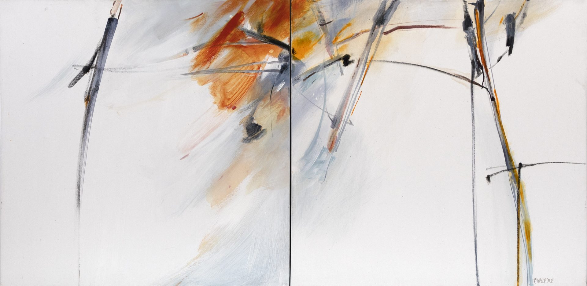 Embers | Pam Walpole | Mixed media on canvas | 76 x 152 cm diptych. | SOLD