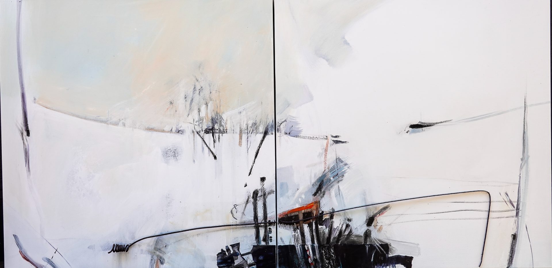 Fences down | Pam Walpole | Mixed media on canvas | 76 x 152 cm diptych. | $3300