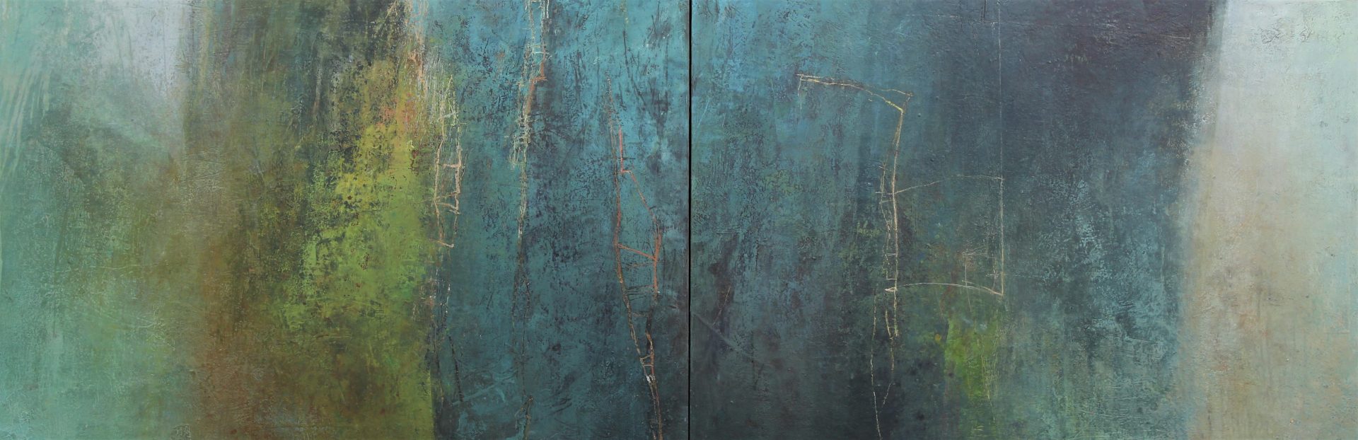 Slow Time | Kym Barrett | Oils and cold wax medium on board | 182 x 62 cm diptych. framed in oak | $3800