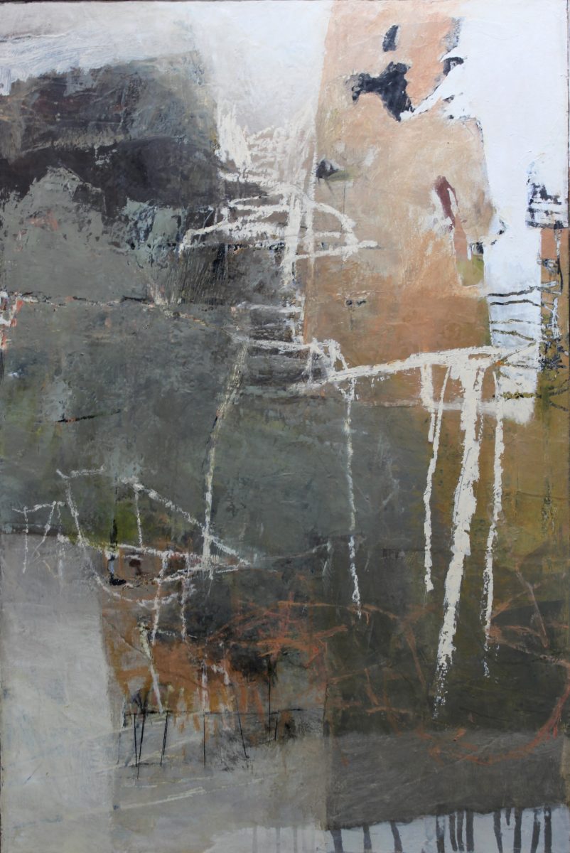 Captured by a Sideways Glance | Kym Barrett | Oils and cold wax medium over collage | 92 x 62 cm, framed in oak | SOLD