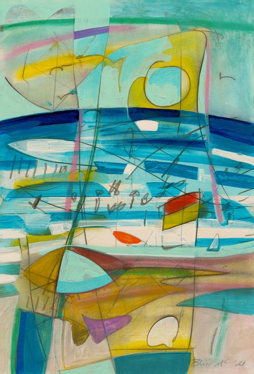 BEACH TALK 2021 | Blair McNamara | Mixed media on paper | 82.5 x 64 cm, framed in oak with white mat under art glass | $1250