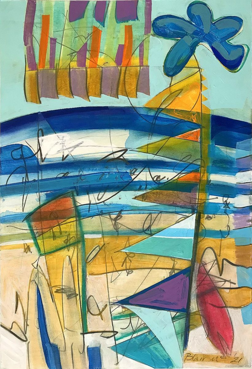 BEACH TOWEL 2021 | Blair McNamara | Mixed media on paper | 82.5 x 64 cm, framed in oak with white mat under art glass | $1250