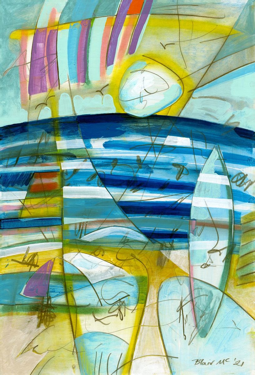 SURFBOARD 2021 | Blair McNamara | Mixed media on paper | 82.5 x 64 cm, framed in oak with white mat under art glass | $1250