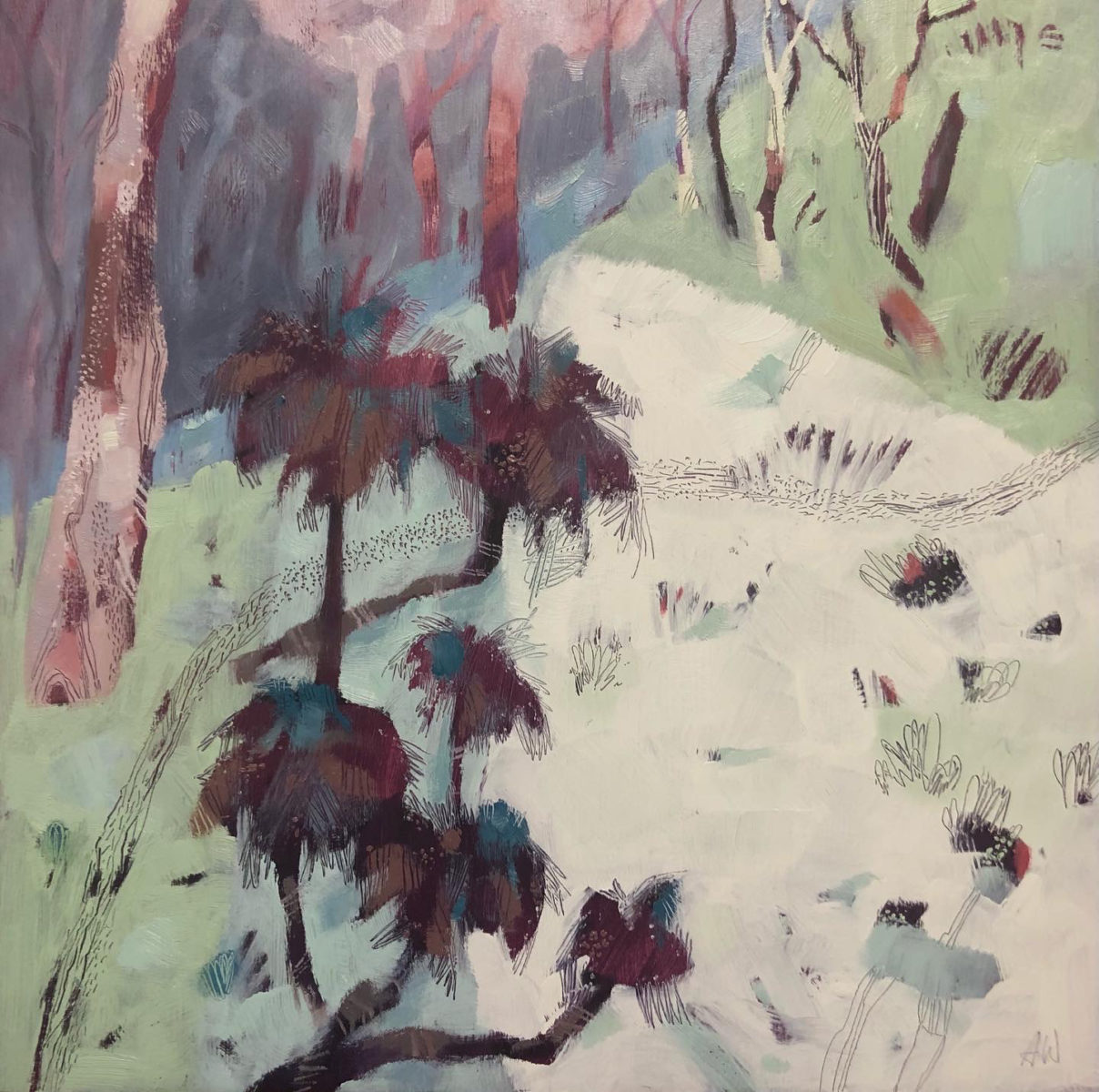 Cross country cross forests Carnarvon Gorge 2021 | Adrienne Williams | Oil on board | 30 x 30 cm | $850