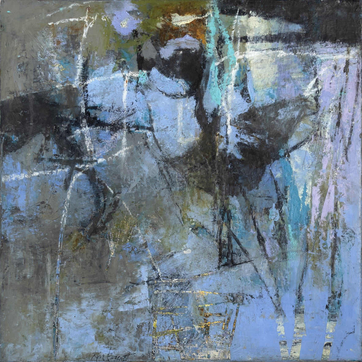 Genius Loci - creek 2022 | Kym Barrett | Oils and cold wax medium on canvas | 48 x 48 cm, framed in dark-stained oak | $1100