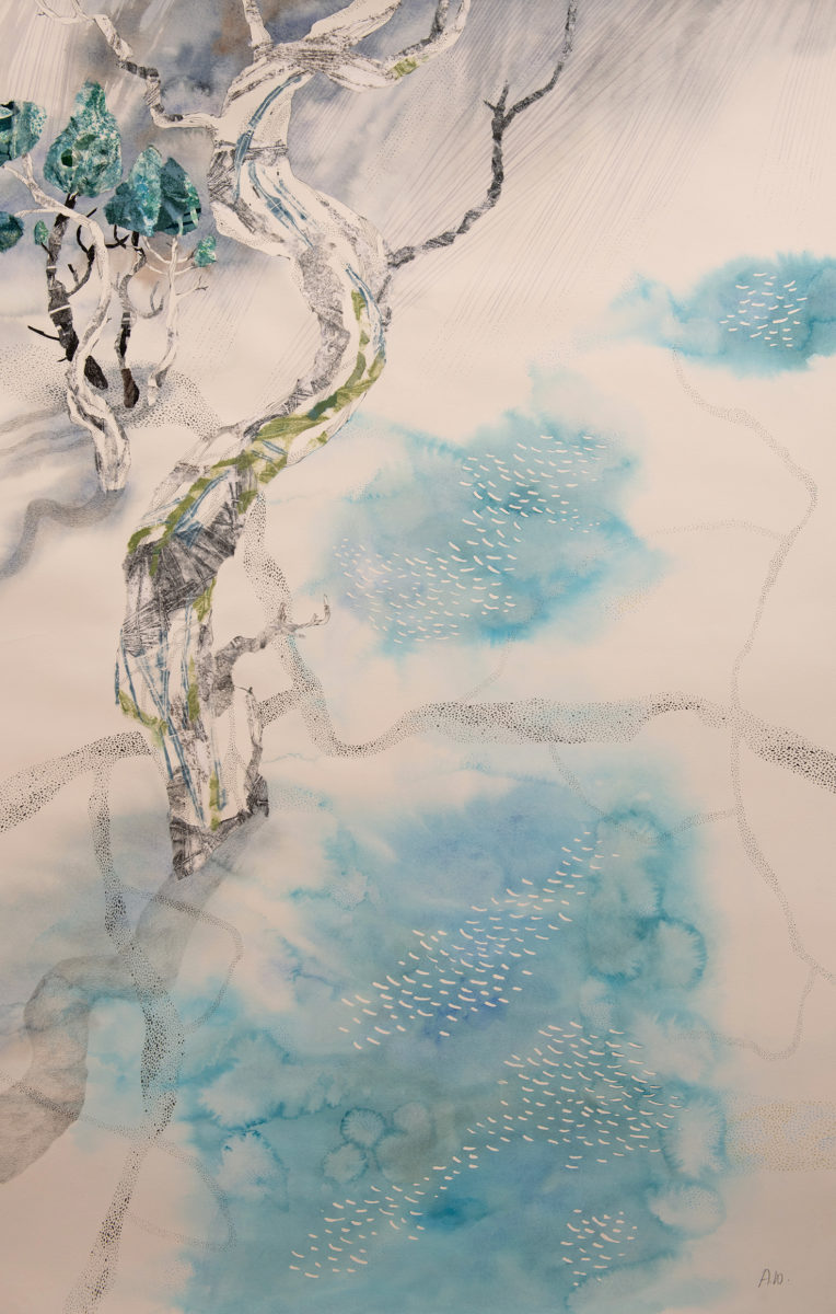 Snow gum walking Mt Field 2020 | Adrienne Williams | Watercolour, graphite, gouache, and hand printed washi on Arches paper | 110 x 70 cm, framed in dark-stained oak | $2800