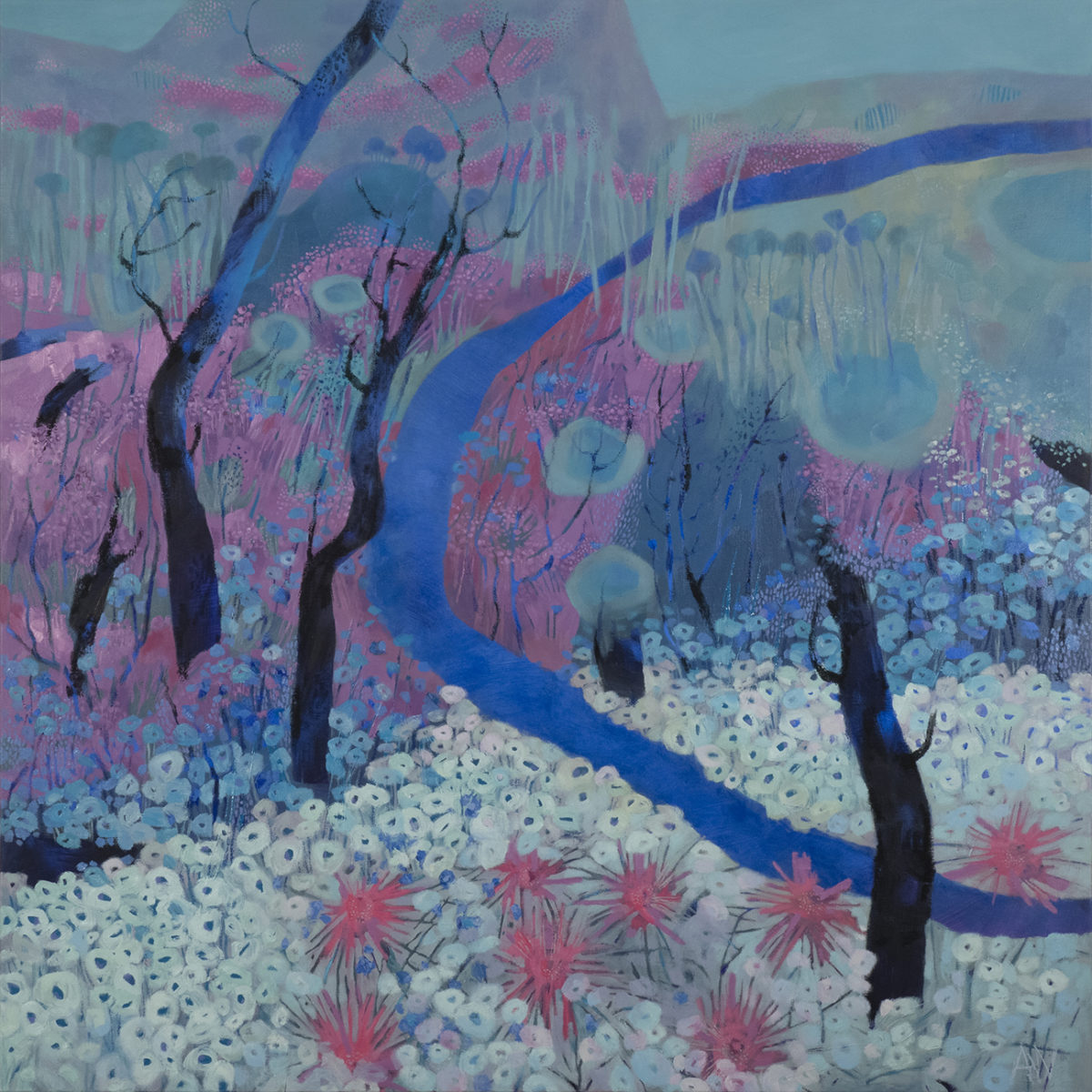 Blue trail, purple haze, sky puddles 2022 | Adrienne Williams | Oil on canvas | 100 x 100 cm | $3100