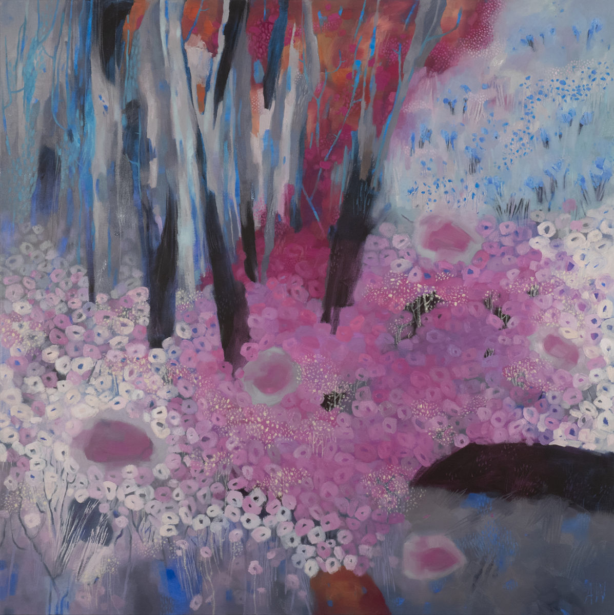 Paper daisies and pink sky puddles 2022 | Adrienne Williams | Oil on canvas | 100 x 100 cm | $3100