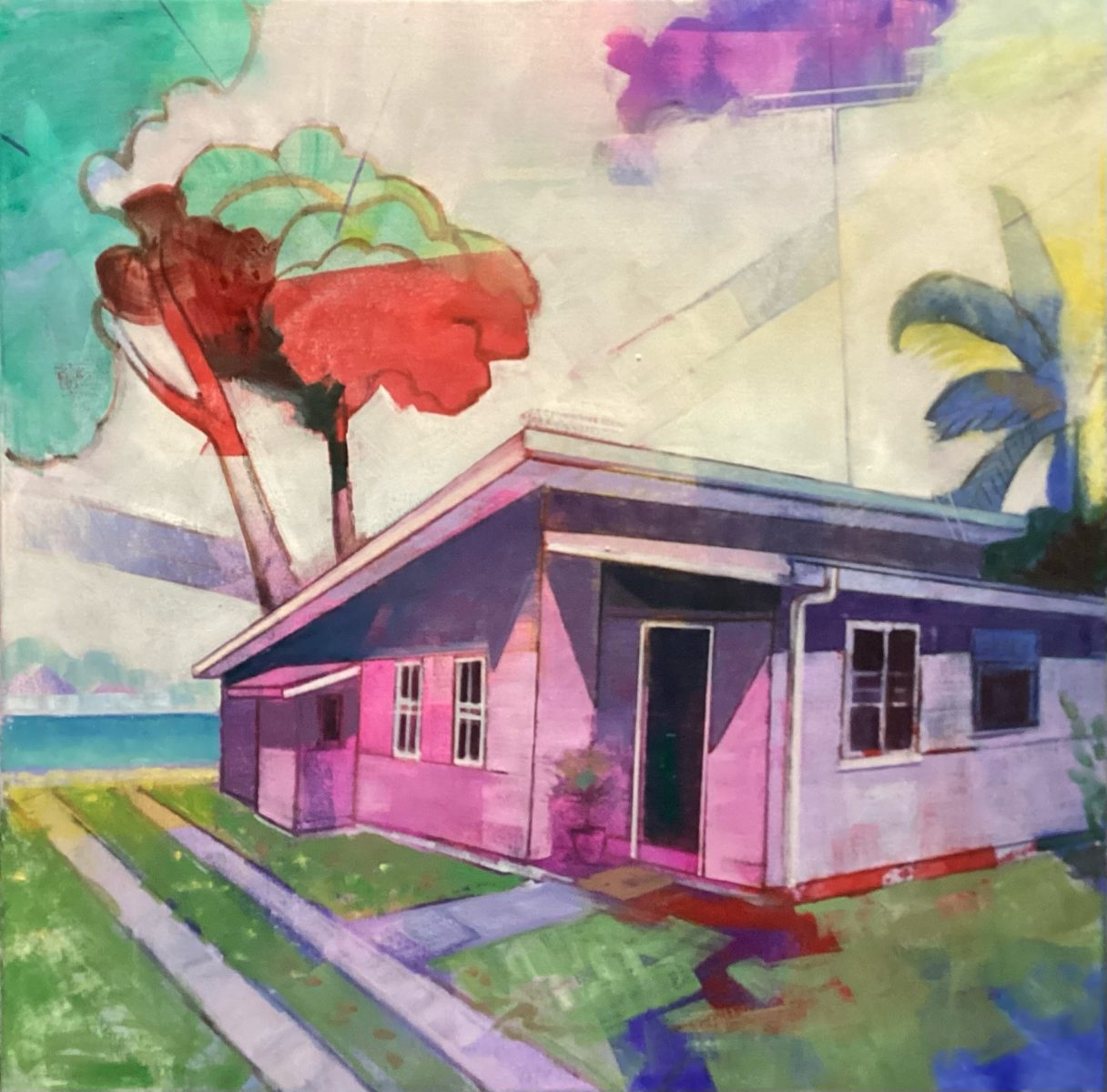 Pink house by the sea 2023 | Nick Olsen | oil on canvas | 50 x 50 cm, framed in lime-wash shadow box | $2200
