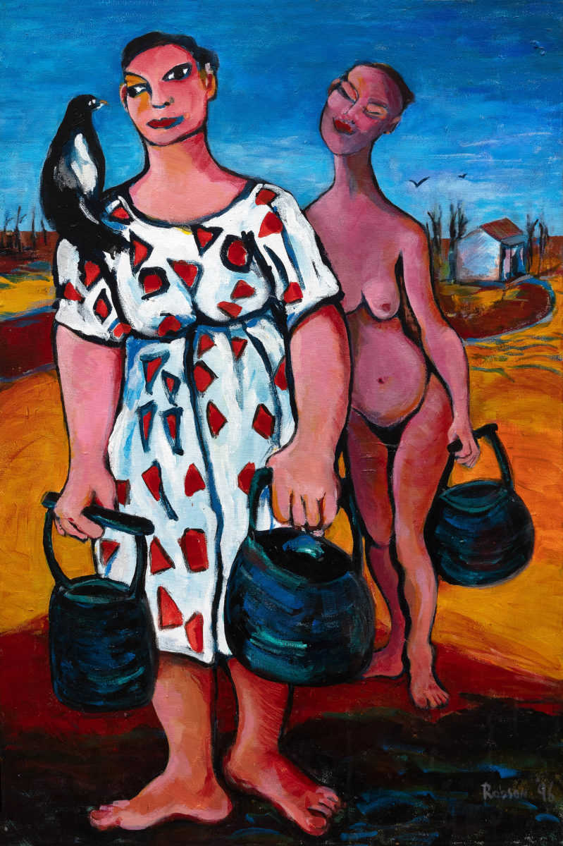 Soup Carrier 1996 | Trish Robson | oil on canvas | 93 x 63 cm, framed in black | $5000
