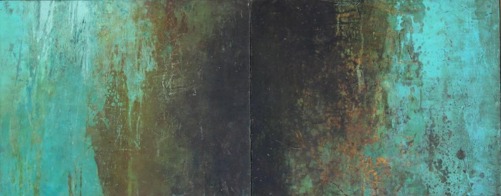 Deep Well | Kym Barrett | Oils and cold wax medium on board | 104 x 44 cm, diptych. | framed in oak | $1300