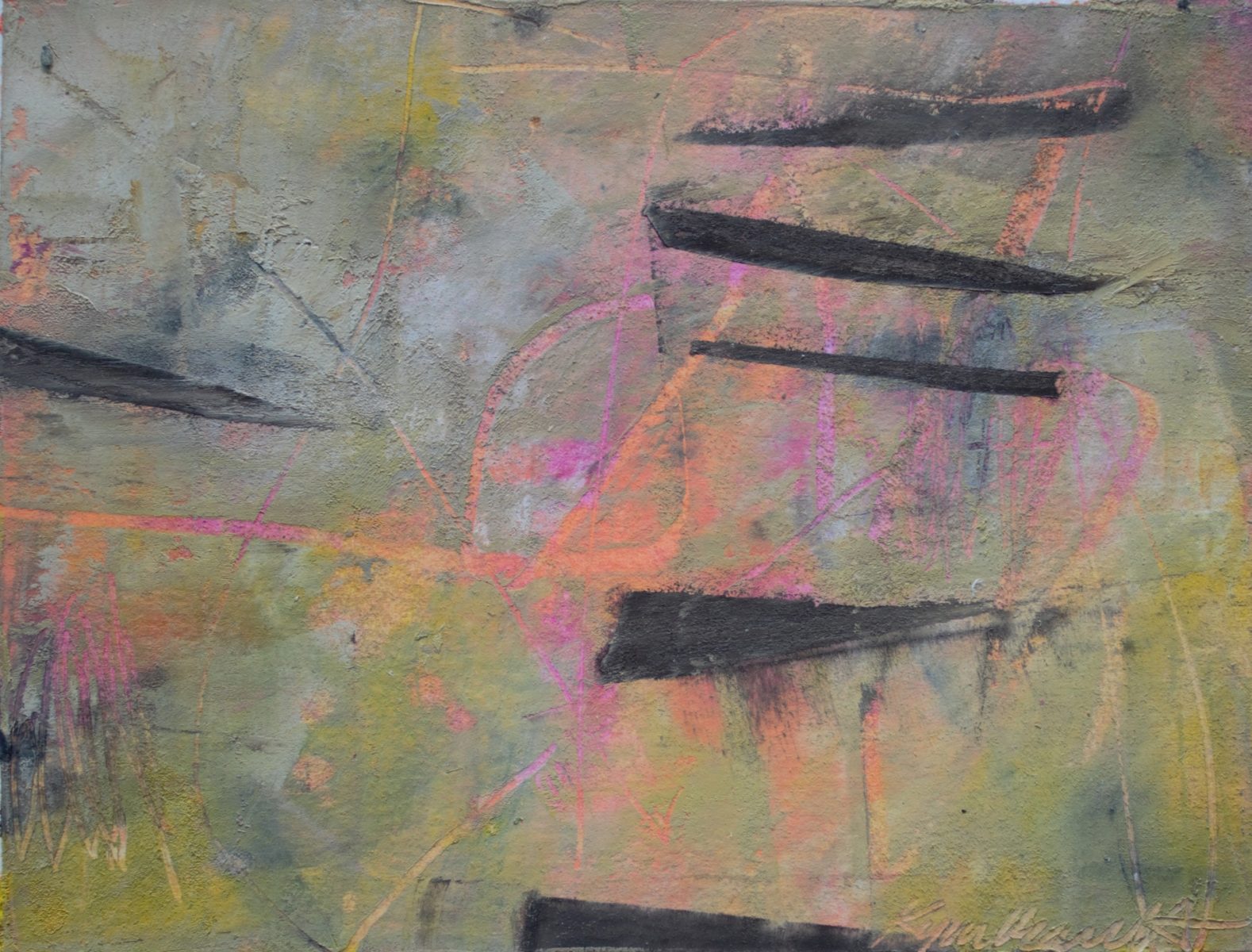Steps II | Kym Barrett | Oils, cold wax medium on Arches paper | 47 x 39 cm framed in black | $580