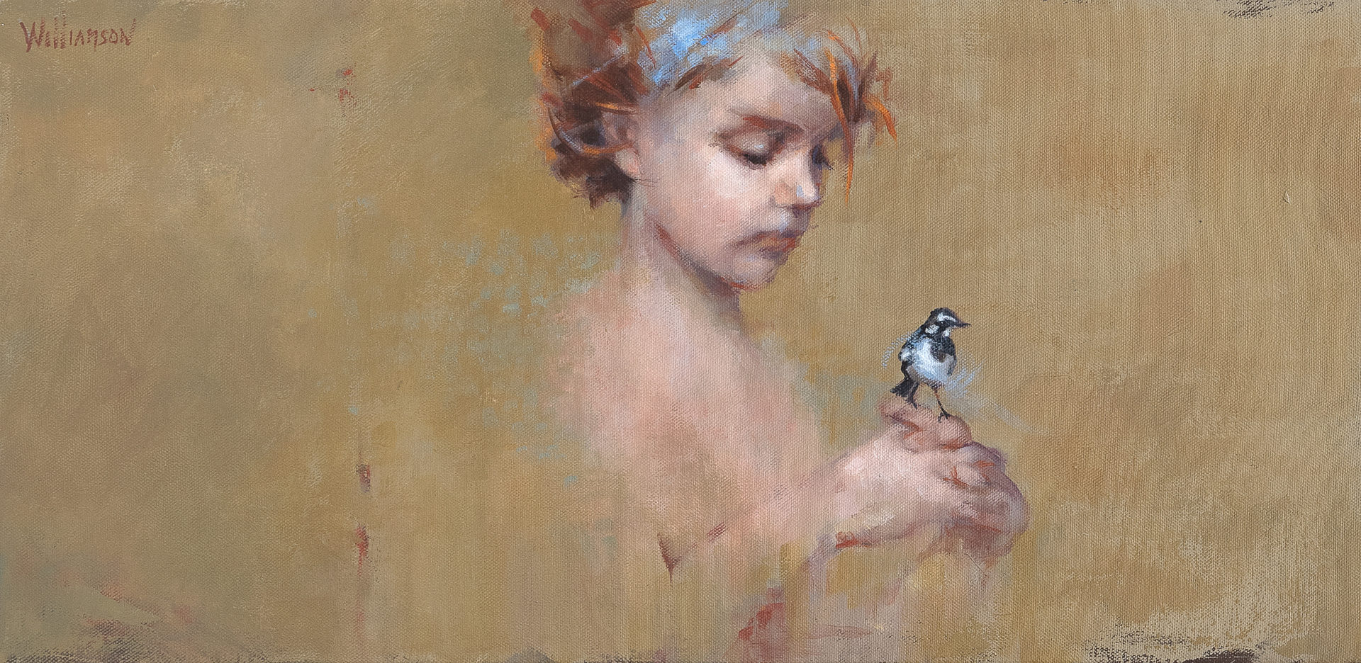 Girl with Bluebird | Jan Williamson | Oil on canvas | 30 x 60 cm | SOLD