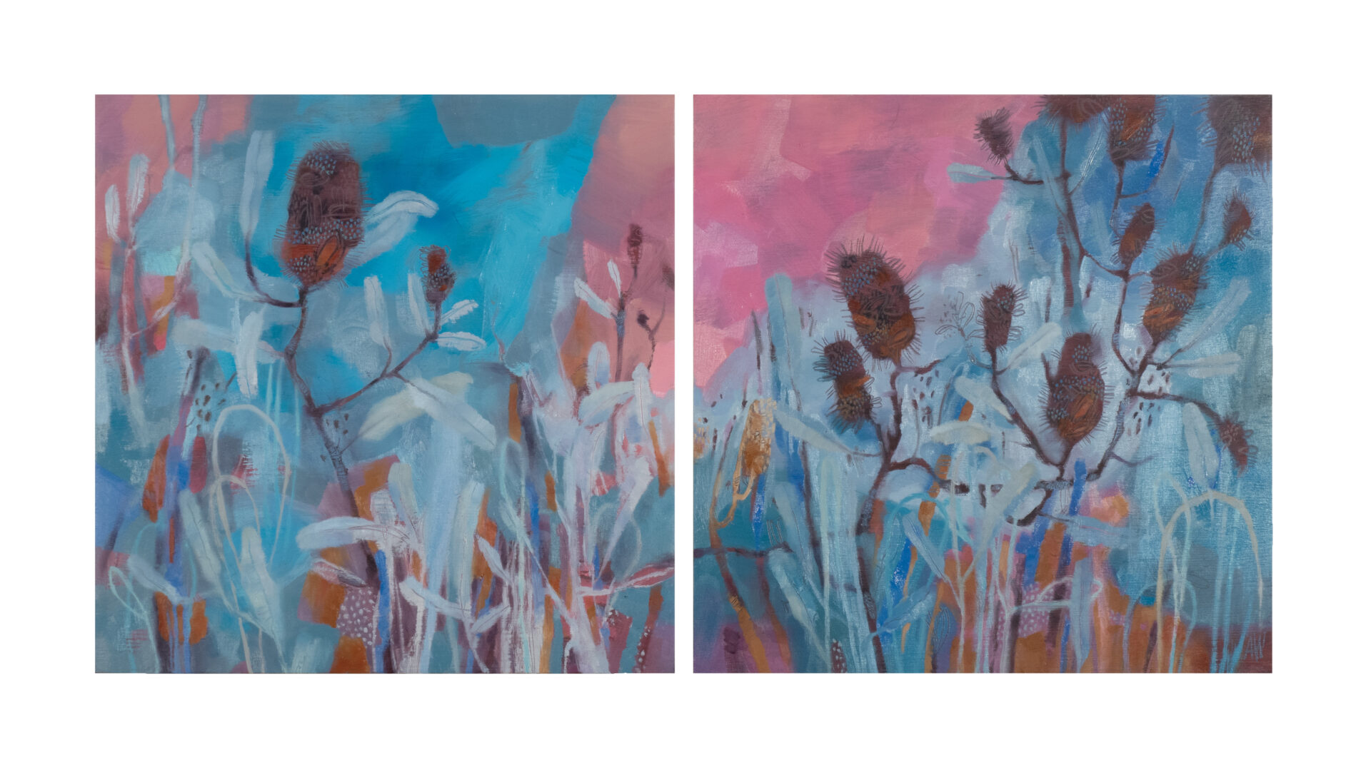 Pink lake blue mind | Adrienne Williams | oil on board | 20 x 61 cm (diptych.) | SOLD