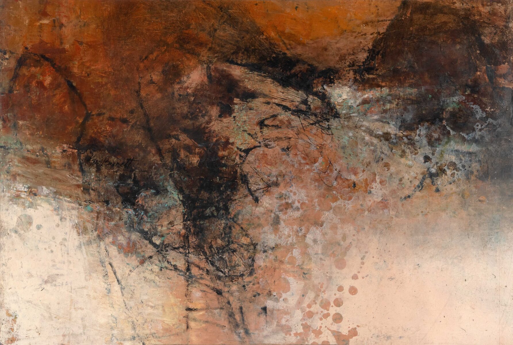 On The Verge | Kym Barrett | Oils, oilsticks and cold wax medium on board | 37 x 55 cm, framed in dark-stained oak | $1,900