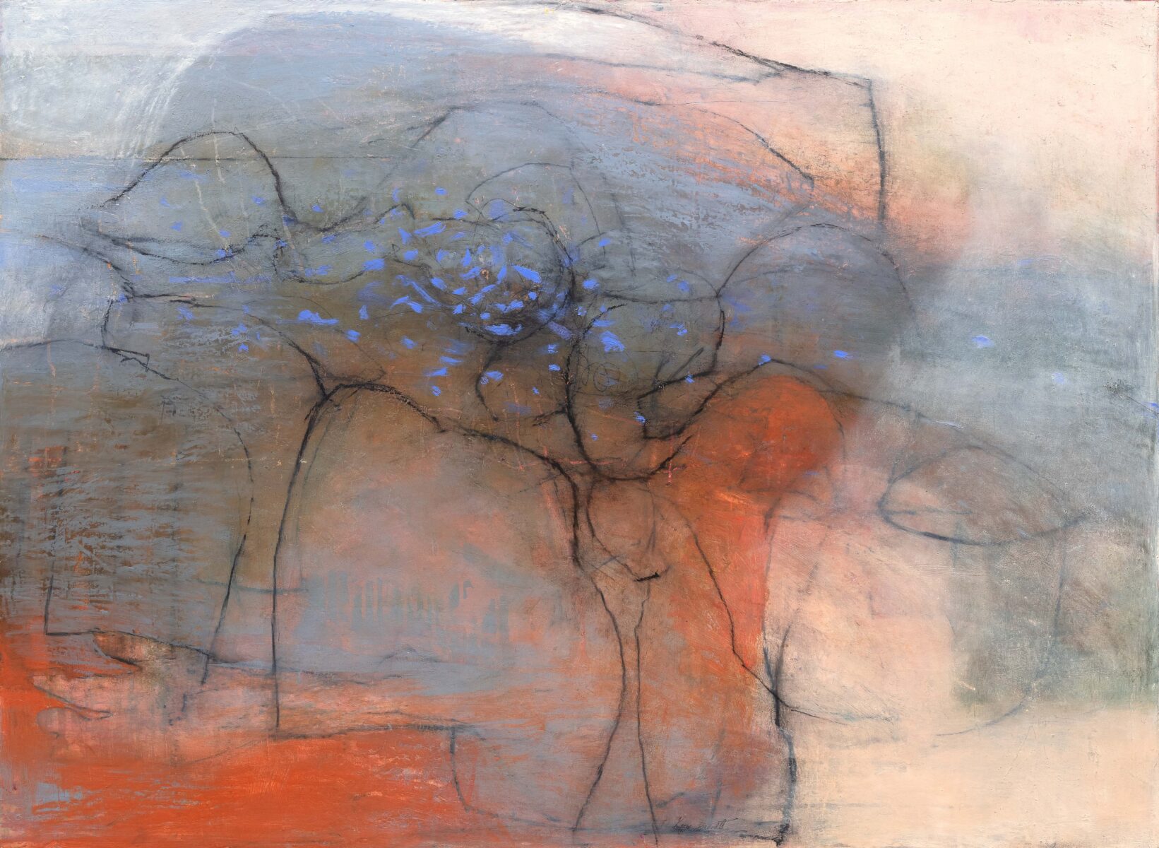 The Contours of Homesickness | Kym Barrett | Oils, oilsticks and cold wax on board | 93 x 123 cm, framed in natural oak | $4,500