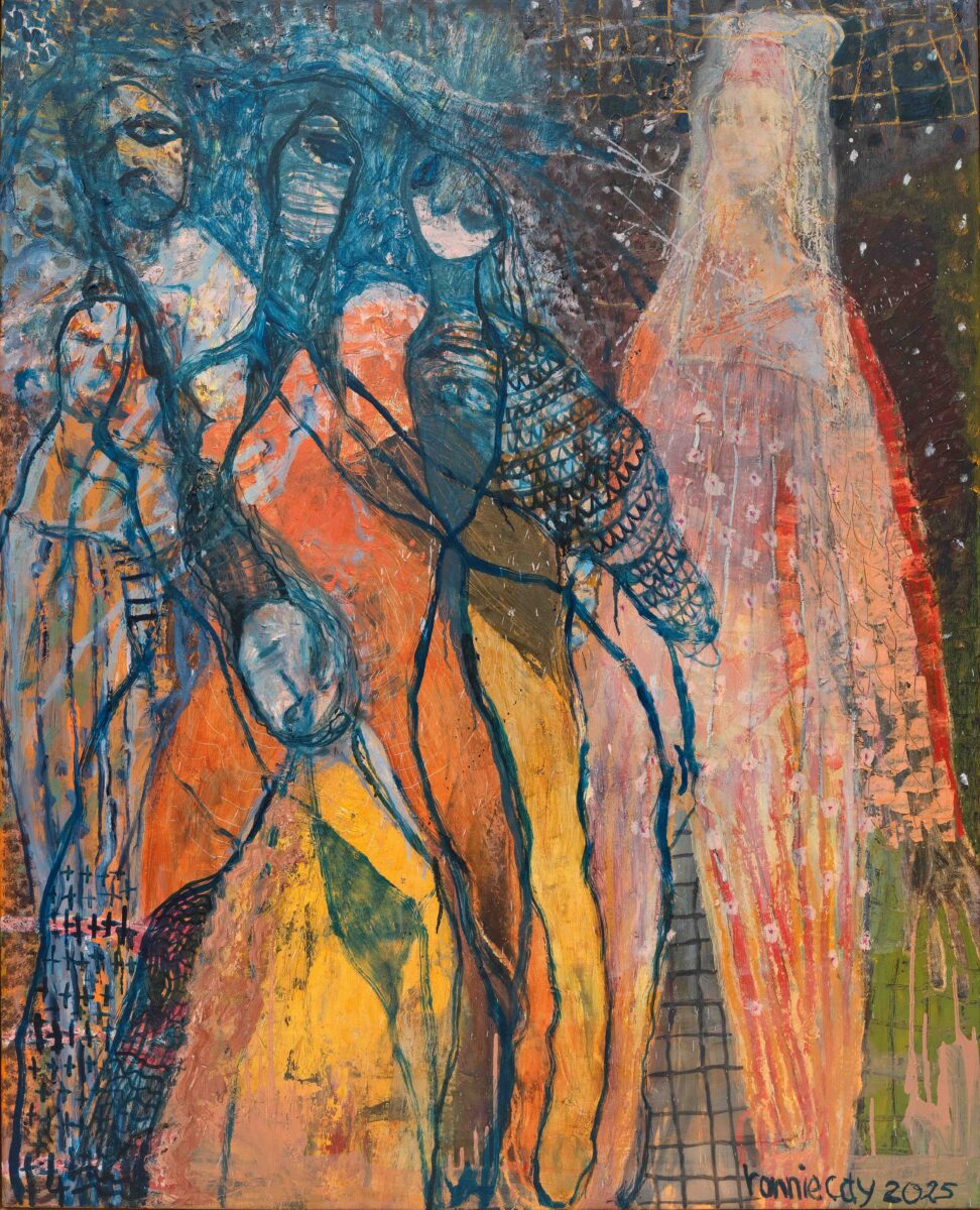 bearing witness as darkness fills the sky | ronniecay | mixed media collage on canvas | 125 x 101 cm (framed in natural oak) | $5,000