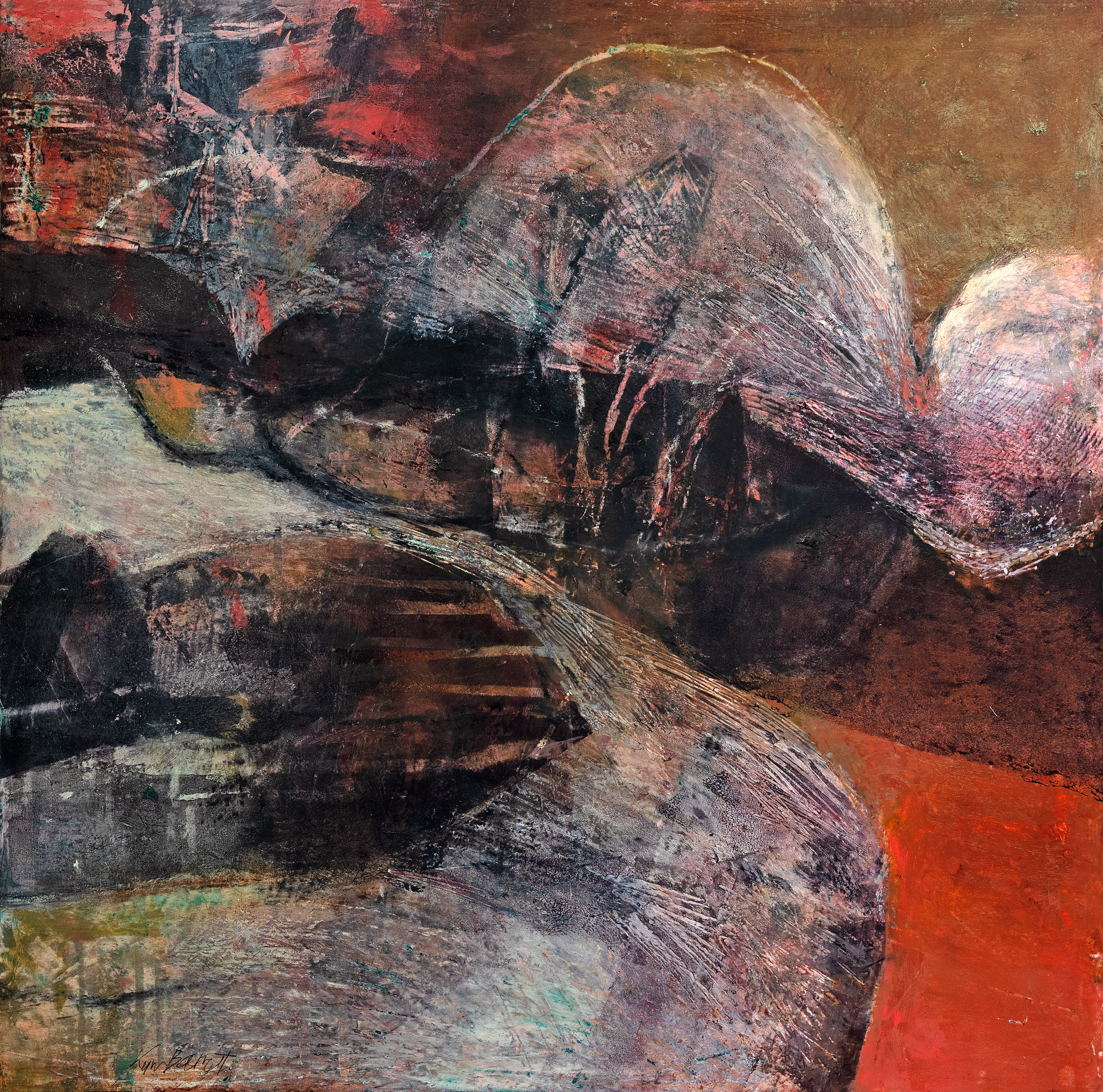 Travelled by dark feet | Kym Barrett | Oil and cold wax medium on board | 52 x 52 cm | $1,850